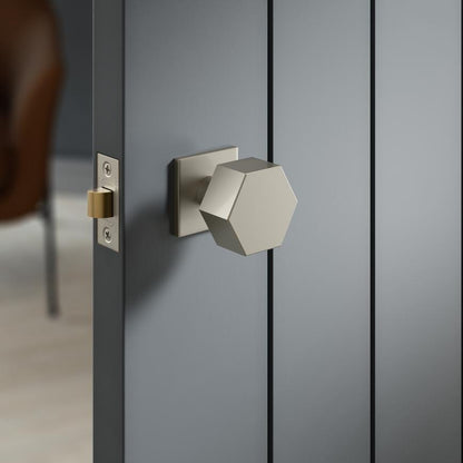 Fuller and Forge Tanaro Satin Nickel 58mm Hexagonal Mortice Knob on Slim Rose Pair Howdens