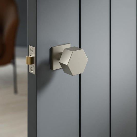 Fuller and Forge Tanaro Satin Nickel 58mm Hexagonal Mortice Knob on Slim Rose Pair Howdens