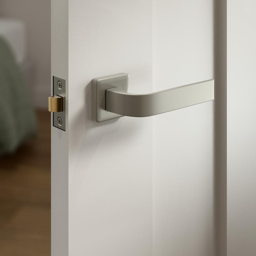 Howdens Fuller and Forge Manet Satin Nickel Lever on Rose Door Handle Pair Howdens