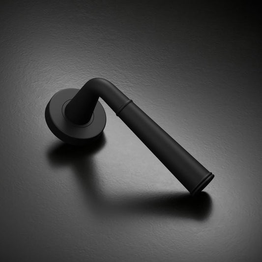 Howdens Fuller and Forge Arno Matt Black Lever on Rose Door Handle Pair Howdens