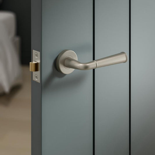 Howdens Fuller and Forge Arno Satin Nickel Lever on Rose Door Handle Pair Howdens