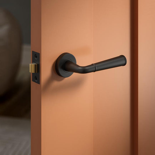 Fuller and Forge Arno Matt Black Lever on Rose Door Handle Pair Howdens