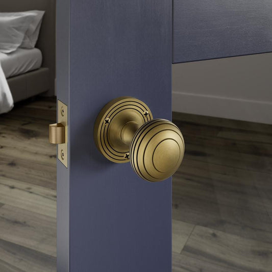 Fuller and Forge Beehive Antique Brass 62mm Ringed Round Mortice Knob on Rose Pair Howdens