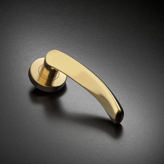 Howdens Fuller and Forge Garda Polished Brass Lever on Rose Door Handle Pair Howdens