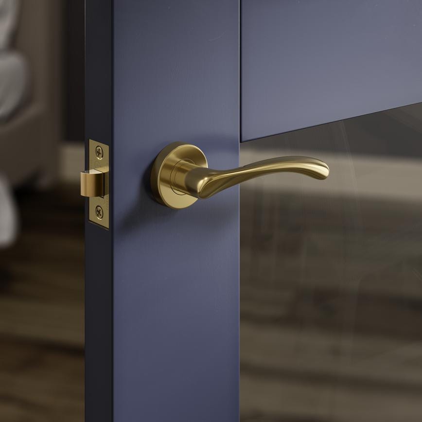 Howdens Fuller and Forge Garda Polished Brass Lever on Rose Door Handle Pair Howdens