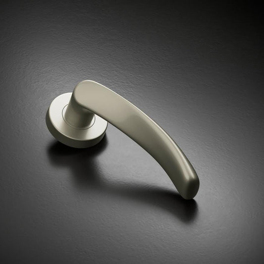 Fuller and Forge Garda Satin Nickel Lever on Rose Door Handle Pair Howdens