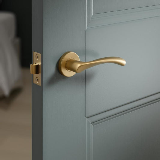 Fuller and Forge Garda Satin Brass Lever on Rose Door Handle Pair Howdens