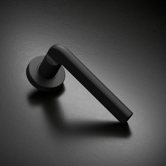 Howdens Fuller and Forge Munch Matt Black Lever on Rose Door Handle Pair Howdens