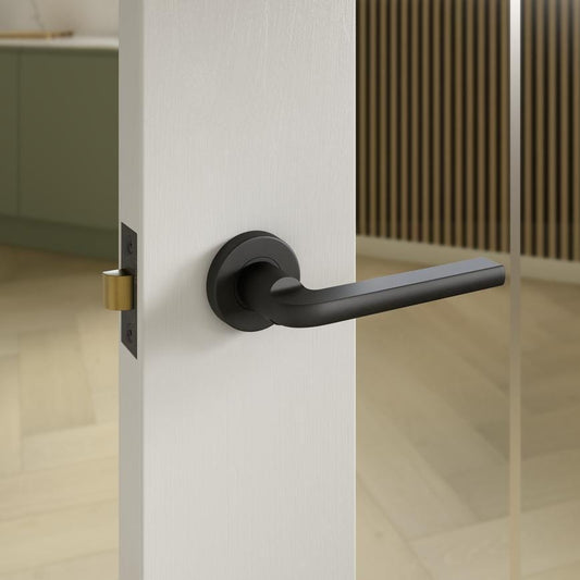 Howdens Fuller and Forge Munch Matt Black Lever on Rose Door Handle Pair Howdens