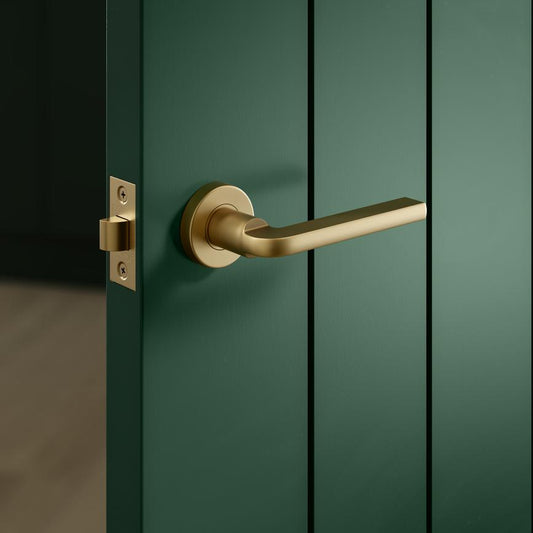 Fuller and Forge Munch Satin Brass Lever on Rose Door Handle Pair Howdens