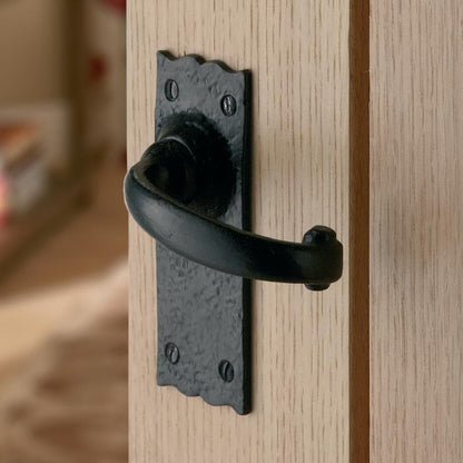 Howdens Antique Powder Coated Black Lever on Backplate Latch Door Handle Pair Iron