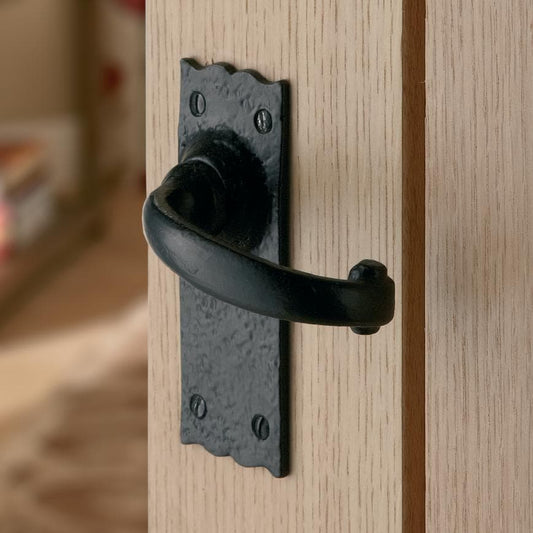 Howdens Antique Powder Coated Black Lever on Backplate Latch Door Handle Pair Iron