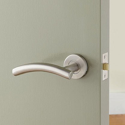 Howdens Turin Satin Stainless Steel Fire Rated Lever on Rose Door Handle Pair