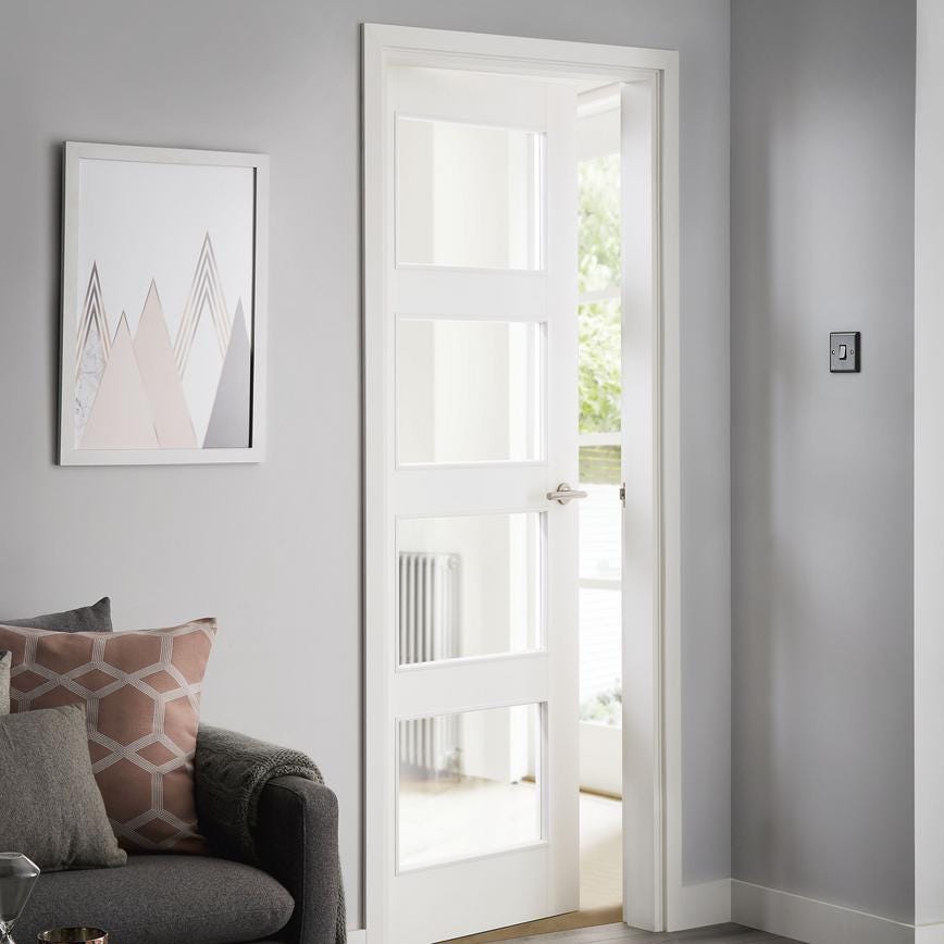 Howdens Lecco Satin Stainless Steel Fire Rated Mitred Lever on Rose Door Handle Pair