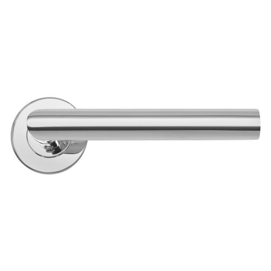 Howdens Lecco Polished Stainless Steel Fire Rated Mitred Lever on Rose Door Handle Pair