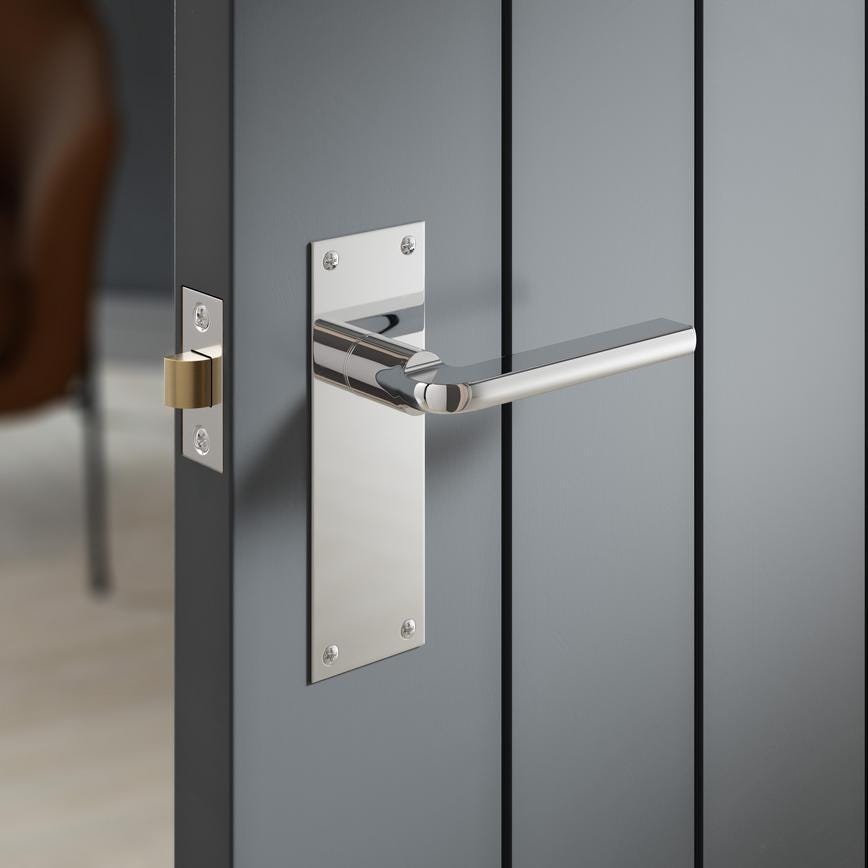 Fuller and Forge Munch Polished Chrome Lever on Slim Backplate Latch Door Handle Pair Howdens