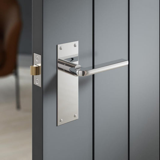 Fuller and Forge Munch Polished Chrome Lever on Slim Backplate Latch Door Handle Pair Howdens