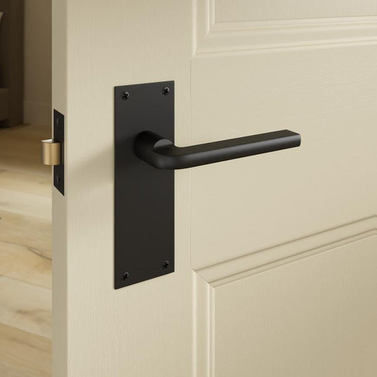 Howdens Fuller and Forge Munch Matt Black Lever on Slim Backplate Latch Door Handle Pair Howdens
