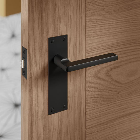 Fuller and Forge Munch Matt Black Lever on Slim Backplate Latch Door Handle Pair Howdens