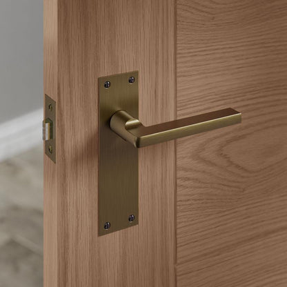 Fuller and Forge Munch Antique Brass Lever on Slim Backplate Latch Door Handle Pair Howdens