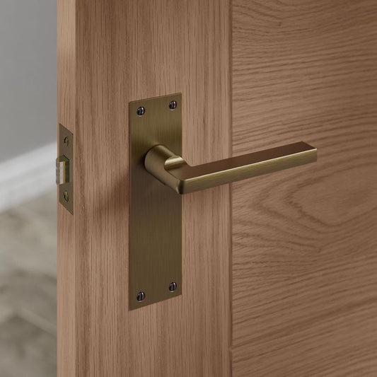 Howdens Fuller and Forge Munch Antique Brass Lever on Slim Backplate Latch Door Handle Pair Howdens