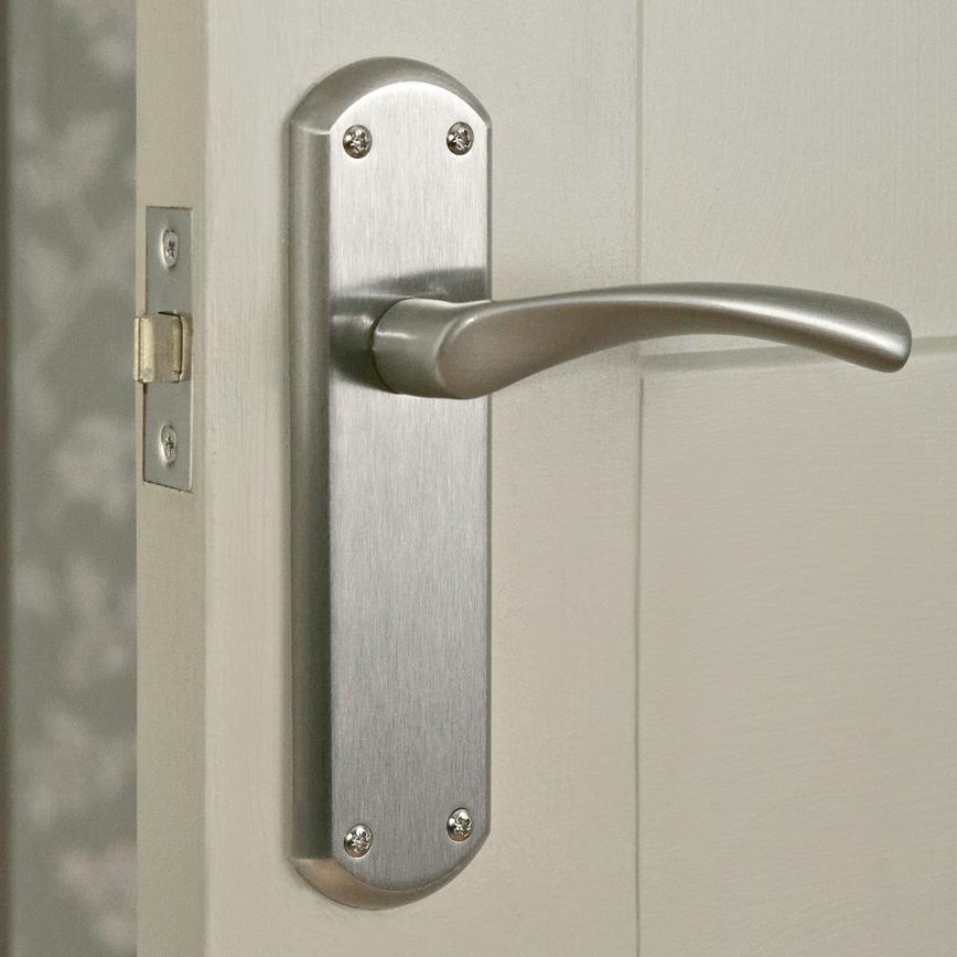 Fuller and Forge Garda Satin Nickel Lever on Backplate Latch Door Handle Pair Howdens