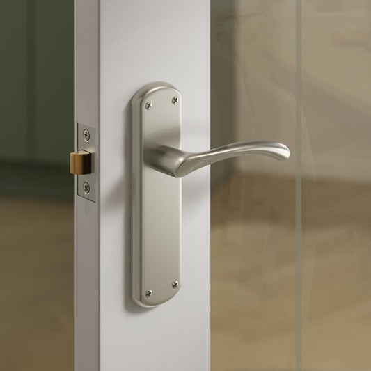 Fuller and Forge Garda Satin Nickel Lever on Backplate Latch Door Handle Pair Howdens