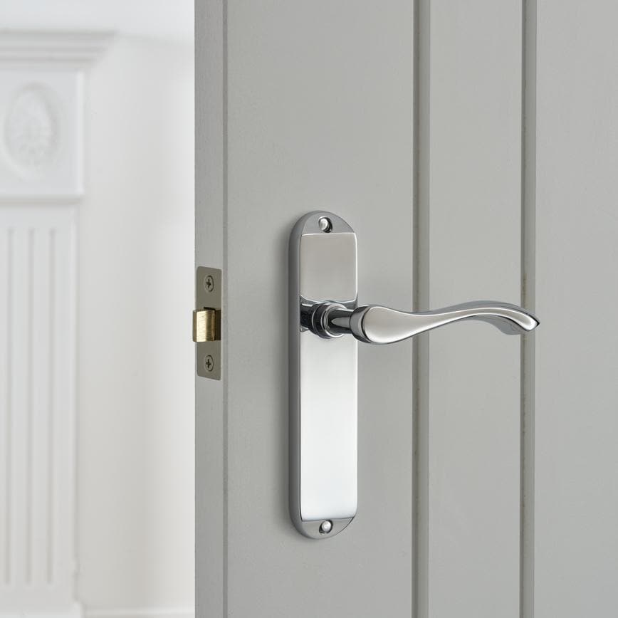 Howdens Fino Polished Chrome Lever on Backplate Latch Door Handle Pair