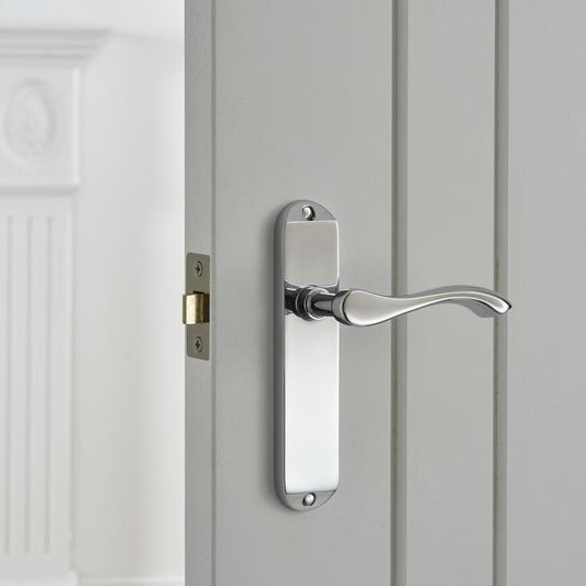 Howdens Fino Polished Chrome Lever on Backplate Latch Door Handle Pair