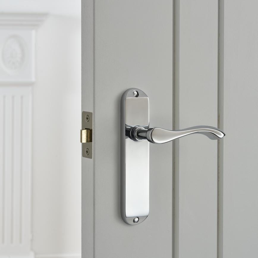 Howdens Fino Polished Chrome Lever on Backplate Latch Door Handle Pair