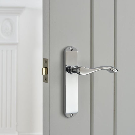 Howdens Fino Polished Chrome Lever on Backplate Latch Door Handle Pair