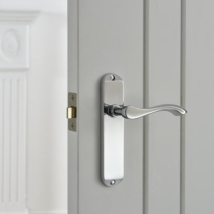 Howdens Fino Polished Chrome Lever on Backplate Latch Door Handle Pair