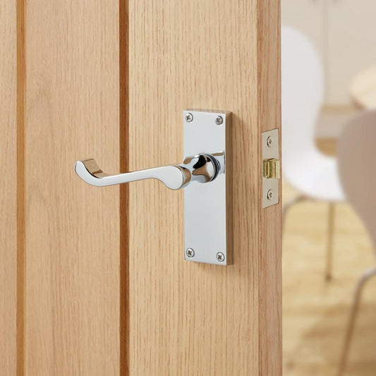 Howdens Victorian Polished Chrome Scroll Lever on Backplate Latch Door Handle Pair