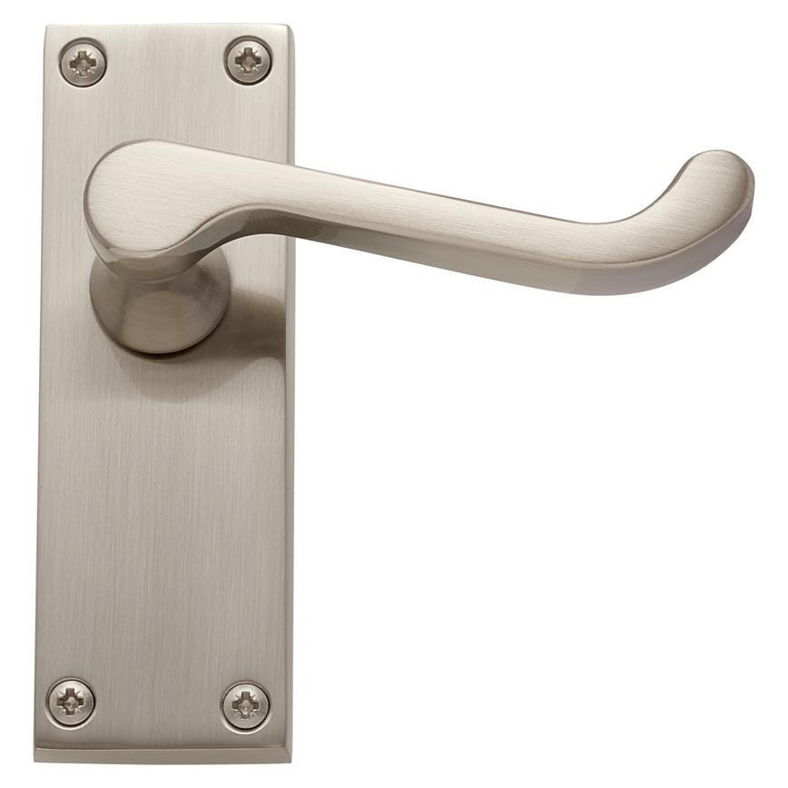 Howdens Victorian Satin Nickel Scroll Lever on Backplate Latch Door Handle Pair