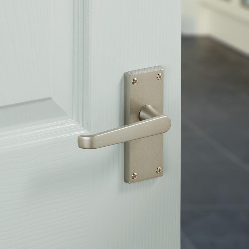 Howdens Victorian Satin Nickel Lever on Backplate Latch Door Handle Pair