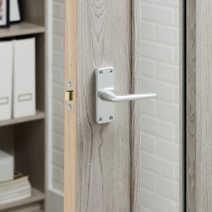 Howdens Edinburgh Satin Aluminium Fire Rated Lever on Backplate Latch Door Handle Pair