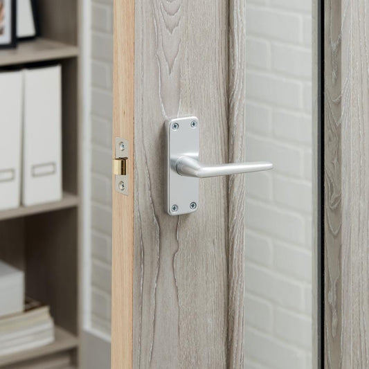 Howdens Edinburgh Satin Aluminium Fire Rated Lever on Backplate Latch Door Handle Pair