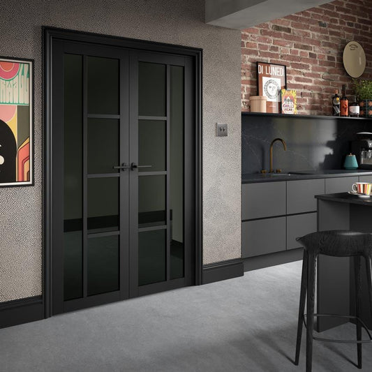 Howdens Lennox Matt Black Mitred Lever on Rose Door Handle Pair