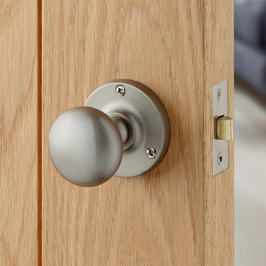 Howdens Victorian Satin Nickel 62mm Round Mortice Knob on Rose Pair
