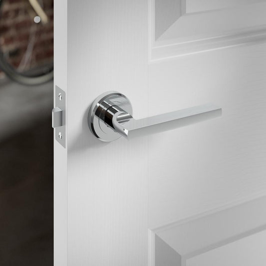 Howdens Auriga Polished Chrome Fire Rated Lever on Rose Door Handle Pair