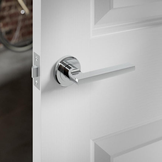 Howdens Auriga Polished Chrome Fire Rated Lever on Rose Door Handle Pair