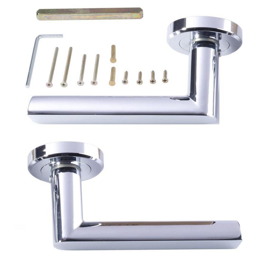 Howdens Carlisle Brass Serozzetta Edge Polished Chrome Fire Rated Lever on Rose Door Handle Pair