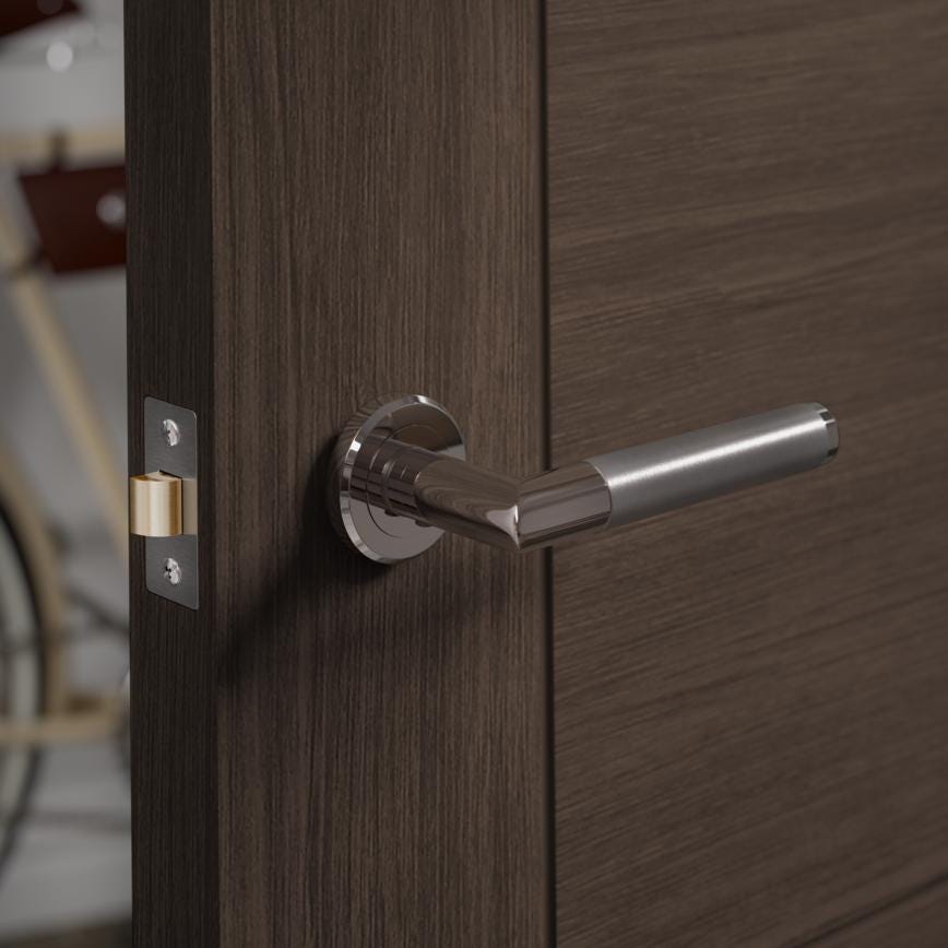 Howdens Carlisle Brass Serozzetta Trend Dual-Tone Chrome Fire Rated Lever on Rose Door Handle Pair