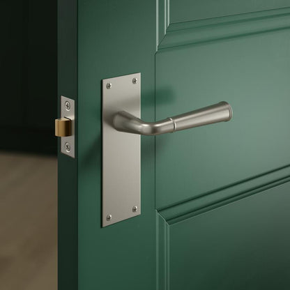Howdens Fuller and Forge Arno Satin Nickel Lever on Backplate Latch Door Handle Pair Howdens