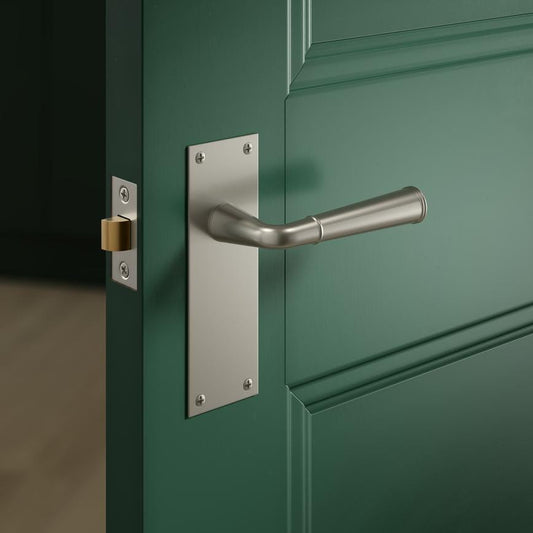 Howdens Fuller and Forge Arno Satin Nickel Lever on Backplate Latch Door Handle Pair Howdens