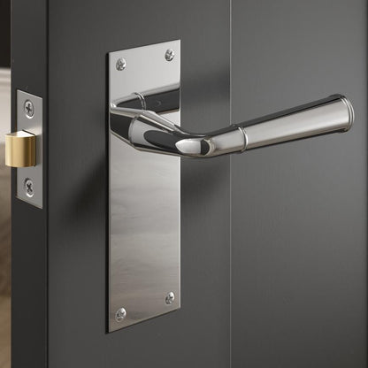 Howdens Fuller and Forge Arno Polished Chrome Lever on Backplate Latch Door Handle Pair Howdens
