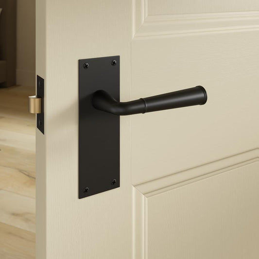 Howdens Fuller and Forge Arno Matt Black Lever on Backplate Latch Door Handle Pair Howdens