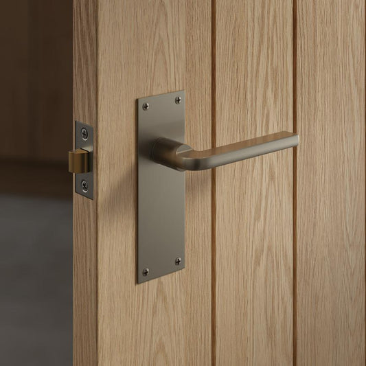 Fuller and Forge Munch Satin Nickel Lever on Slim Backplate Latch Door Handle Pair Howdens