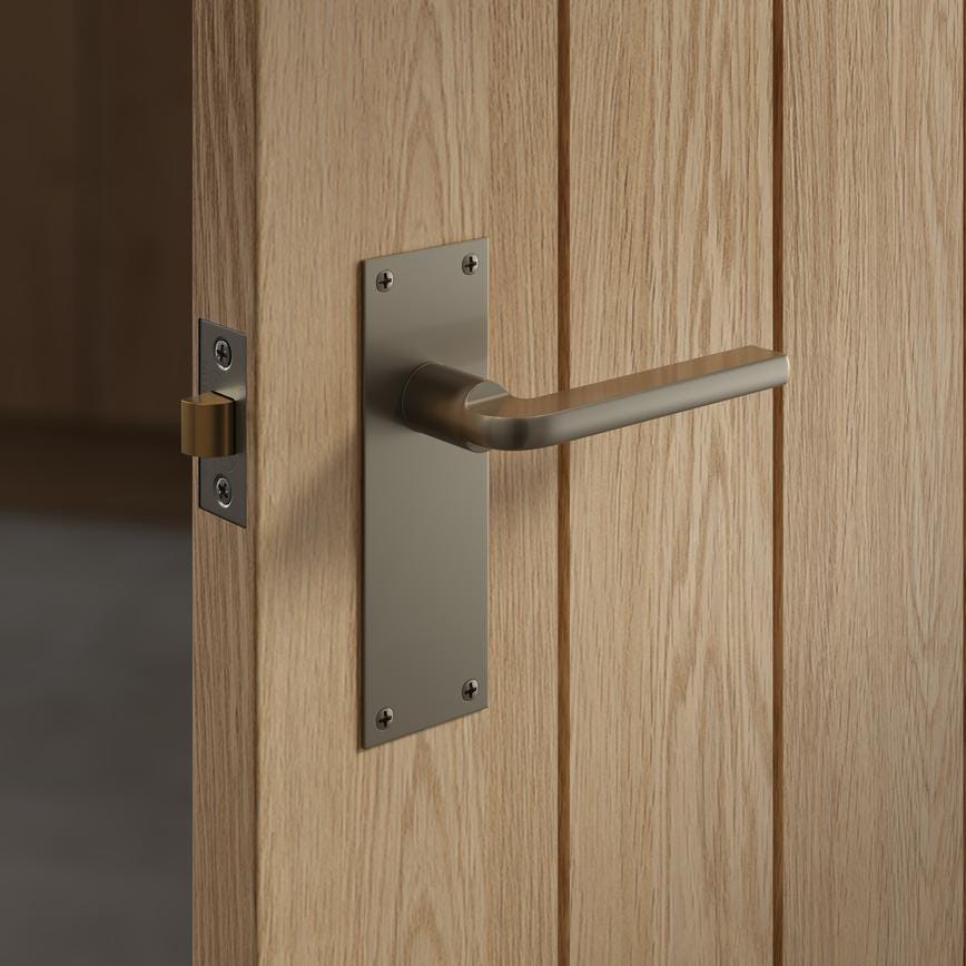 Howdens Fuller and Forge Munch Satin Nickel Lever on Slim Backplate Latch Door Handle Pair Howdens