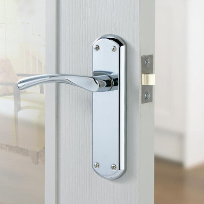 Fuller and Forge Garda Polished Chrome Lever on Backplate Latch Door Handle Pair Howdens